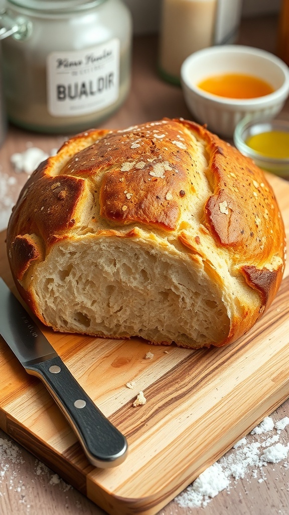 A golden-brown sourdough bread loaf on a wooden board with a knife beside it.